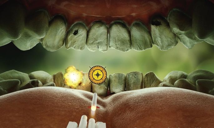 This undated image provided by the Food and Drug Administration shows the federal agency's new ad campaign featuring yellow teeth to show the costs associated with cigarette smoking. The federal agency said Tuesday, Feb. 4, 2014, it is launching a $115 million multimedia education campaign called “The Real Cost” that’s aimed at stopping teenagers from smoking and encouraging them to quit. Advertisements will run in more than 200 markets throughout the U.S. for at least one year beginning Feb. 11. (AP Photo/Food and Drug Administration)