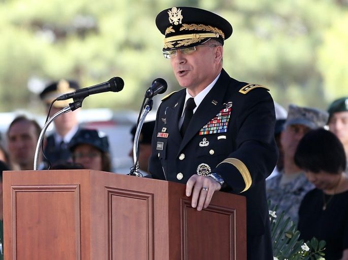 U.S. General Curtis Scaparrotti, Commander of the U.S. Forces in Korea, speaks to a ceremony at the U.S. base in Yongsan, central Seoul, 22 May 2014, to commemorate Memorial Day, which falls on 26 May. EPA/YONHAP SOUTH KOREA OUT