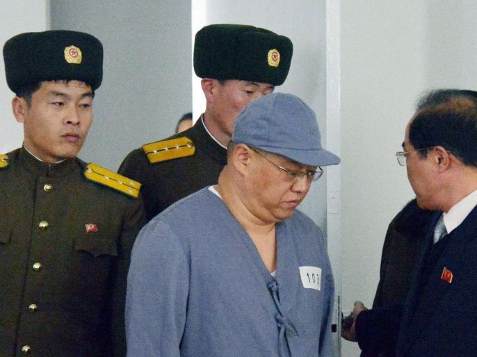 Kenneth Bae, a Korean-American Christian missionary who has been detained in North Korea for more than a year, appears before a limited number of media outlets in Pyongyang, in this file photo taken by Kyodo January 20, 2014. Bae was moved from a hospital back to a labor camp last month on the same day he made a public appeal for Washington to help get him home, the U.S. State Department said on February 7, 2014, citing Swedish diplomats who met the prisoner. Mandatory credit REUTERS/Kyodo/Files (NORTH KOREA - Tags: POLITICS) ATTENTION EDITORS - FOR EDITORIAL USE ONLY. NOT FOR SALE FOR MARKETING OR ADVERTISING CAMPAIGNS. THIS IMAGE HAS BEEN SUPPLIED BY A THIRD PARTY. IT IS DISTRIBUTED, EXACTLY AS RECEIVED BY REUTERS, AS A SERVICE TO CLIENTS. MANDATORY CREDIT JAPAN OUT. NO COMMERCIAL OR EDITORIAL SALES IN JAPAN