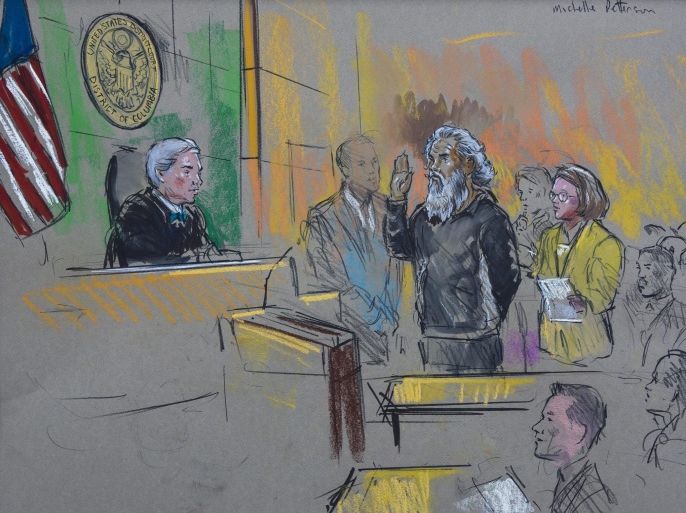 A courtroom sketch shows Ahmed Abu Khattala (C-R), the suspected leader of the 2012 terror attack against the US consulate in Benghazi, Libya, being arraigned in Washington, DC, USA, 28 June 2014. Looking on is Khattala's court appointed lawyer, Michele Peterson (R). One of the alleged masterminds behind the deadly 11 September 2012, attack on the US consulate in Benghazi, Libya, pled not guilty in a federal court in Washington on 28 June, according to ABC News. Ahmed Abu Khattala, the founder of the Libyan Islamist group Ansar al-Sharia, faces charges in the death of US ambassador Christopher Stevens and three other Americans killed in the attack. Khattala was captured in Libya by US special forces two weeks ago and was delivered to the US aboard a Navy vessel.