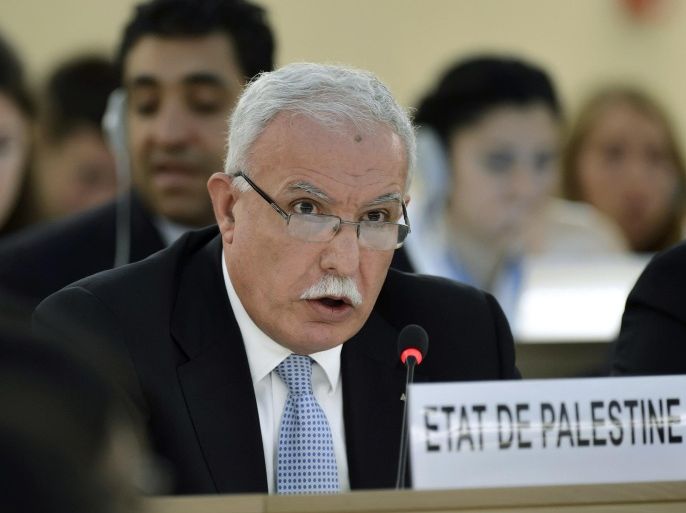 Palestinian Minister of Foreign Affairs Riad al-Malki addresses his statement at the United Nations Human Rights Council at the UN headquarters in Geneva, Switzerland, Wednesday, July 23, 2014. UN High Commissioner for Human Rights Navi Pillay opened an emergency debate in the 47-nation U.N. Human Rights Council with an assessment that around three-quarters of the 650 Palestinians and 31 Israelis killed in the conflict were civilians, and thousands more have been injured. (AP Photo/Keystone, Martial Trezzini)