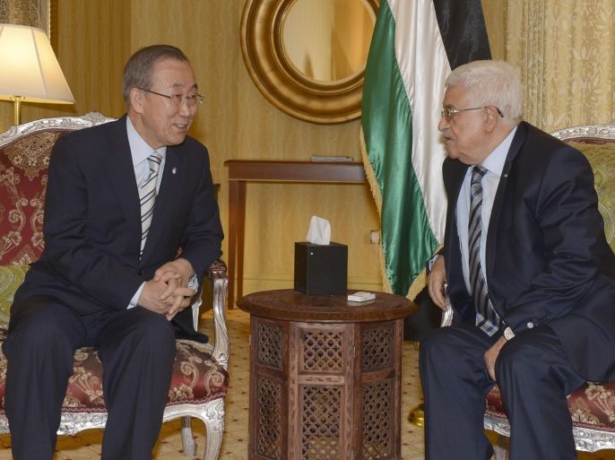 DOHA, QATAR - JULY 20: In this handout photo provided by the Palestinian Press Office (PPO), Palestinian President Mahmoud Abbas (R) meets with UN Secretary-General Ban Ki-moon on July 20, 2014 in Doha, Qatar. Palestinian officials in Gaza say more than 60 people were killed during Israeli military operations over the past 24 hours, making it the most deadly period since the latest conflict began.