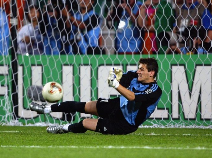 SUWON - JUNE 16: Iker Casillas of Spain saves a penalty in the penalty shoot-out during the FIFA World Cup Finals 2002 Second Round match between Spain and Republic of Ireland played at the Suwon World Cup Stadium, in Suwon, South Korea on June 16, 2002. The match ended in a 1-1 draw after extra-time, Spain won the match 3-2 on penalties. DIGITAL IMAGE.