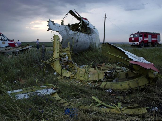 Fire engines arrive at the crash site of a passenger plane near the village of Grabovo, Ukraine, as the sun sets Thursday, July 17, 2014. Ukraine said a passenger plane carrying 295 people was shot down Thursday as it flew over the country, and both the government and the pro-Russia separatists fighting in the region denied any responsibility for downing the plane. (AP Photo/Dmitry Lovetsky)