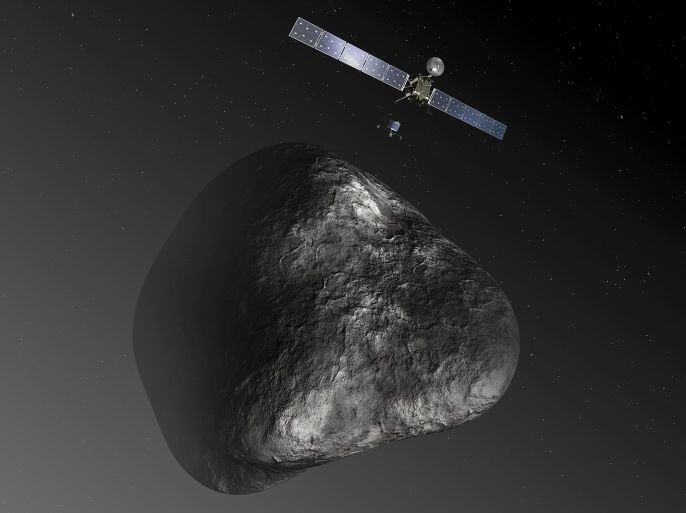 A handout image of an artist's impression, not to scale, of the Rosetta orbiter deploying the Philae lander to comet 67P/Churyumov-Gerasimenko, released by the European Space Agency (ESA) on December 3, 2013. European spacecraft Rosetta became the first ever to rendezvous with a comet August 6, 2014, as part of a decade-long deep space mission that scientists hope will help unlock some of the secrets of the solar system. Rosetta, launched by the European Space Agency (ESA) in 2004, will accompany comet 67P/Churyumov-Gerasimenko on its trip around the sun and land a probe on it later this year in an unprecedented manoeuvre. REUTERS/ESA�C. Carreau/ATG medialab/Handout via Reuters (GERMANY - Tags: SCIENCE TECHNOLOGY TPX IMAGES OF THE DAY) ATTENTION EDITORS - THIS PICTURE WAS PROVIDED BY A THIRD PARTY. REUTERS IS UNABLE TO INDEPENDENTLY VERIFY THE AUTHENTICITY, CONTENT, LOCATION OR DATE OF THIS IMAGE. FOR EDITORIAL USE ONLY. NOT FOR SALE FOR MARKETING OR ADVERTISING CAMPAIGNS. NO SALES. NO ARCHIVES. THIS PICTURE IS DISTRIBUTED EXACTLY AS RECEIVED BY REUTERS, AS A SERVICE TO CLIENTS