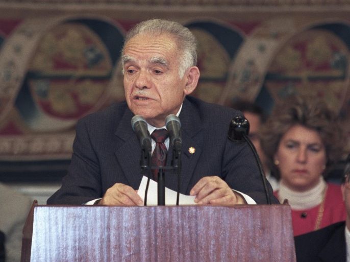 A photograph released on 30 June 2012 of former Israeli Prime Minister Yitzhak Shamir, of the Likud party, as he addresses the Madrid Peace Conference in a photograph from 30 October 1991. At right is American Dennis Ross who would go on to try to keep the Palestinian - Israeli peace process on track for almost two decades. Shamir, who served twice as Prime Minister, died at age 96 on 30 June 2012.