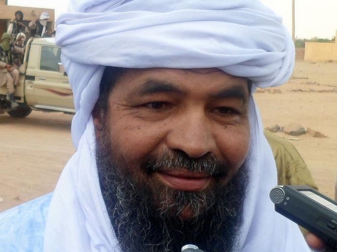 This picture taken on August 7, 2012 shows Ansar Dine Islamist group leader Iyad Ag Ghaly, answering journalists' questions at Kidal airport, northern Mali. Mali extremists Ansar Dine say on November 2, 2012 they will hold talks with regional leaders in Ouagadougou and Algiers.