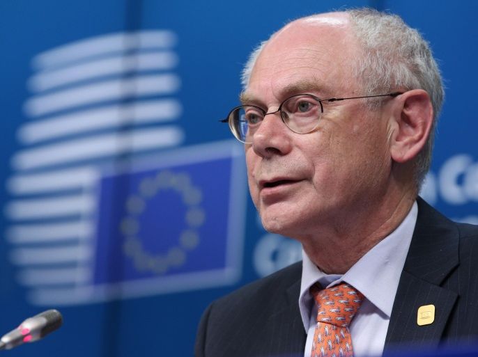 European Council President Herman Van Rompuy during a press conference at the end of the informal dinner of Heads of state in Brussels, Belgium, 17 July 2014. EU leaders are postponing decisions on top political appointments until August 30, after failing in their initial attempt to fill soon-to-be-vacant posts. EU President Herman Van Rompuy says the bloc's leaders will make a decision on all top appointments next month. 'We are not yet at the point where we can get a consensual solution on a full package of appointments,' Van Rompuy said, noting that this was his conclusion after 'extensive consultations' over recent weeks.