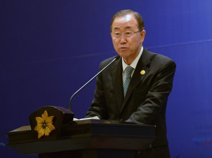 UN Secretary General Ban Ki-moon speaks to the press during the sixth United Nations Alliance of Civilizations conference in Nusa Dua on the resort island of Bali on August 29, 2014. The forum runs from August 29 to 30. AFP PHOTO / SONNY TUMBELAKA