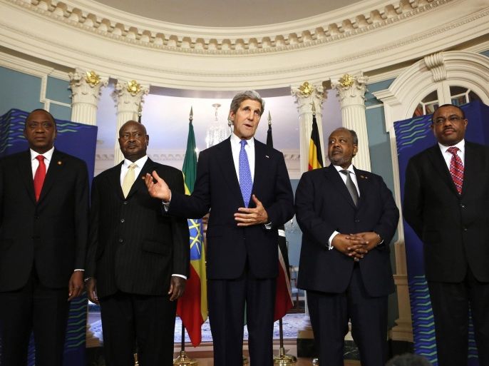 (L-R) President of Kenya Uhuru Kenyatta, President of Uganda Yoweri Museveni, U.S. Secretary of State John Kerry, President of Djibouti Ismail Omar Gulleh and Prime Minister Hailemariam Desalegn of Ethiopia speak to the media after their meeting on situation in South Sudan, at the State Department in Washington August 5, 2014. African leaders on Tuesday called for a deeper economic relationship with the United States, hailing investment pledges totalling more than $17 billion at a Washington summit as a fresh step in the right direction. REUTERS/Yuri Gripas (UNITED STATES - Tags: POLITICS)