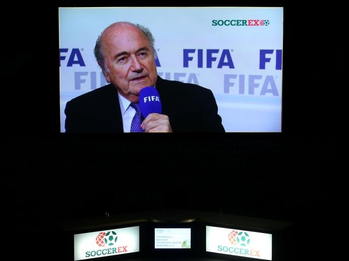 MANCHESTER, ENGLAND - SEPTEMBER 08: FIFA President Joseph S. Blatter appears on screen in a recorded interview at the Soccerex European Forum Conference Programme at Manchester Central on September 8, 2014 in Manchester, England.