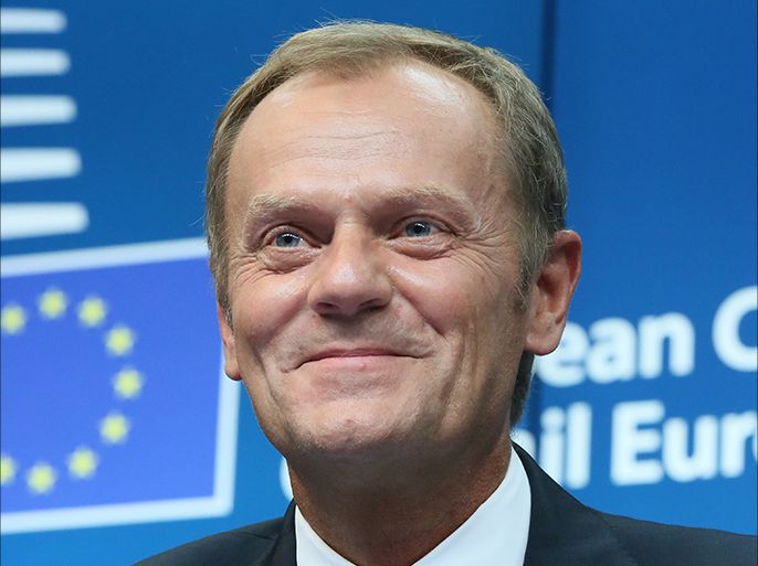 epa04376364 Polish Prime Minister Donald Tusk after he was elected to the EU top jobs at a Special Meeting of the European Council at EU Council headquarters in Brussels, Belgium, 30 August 2014. EU leaders are expected to agree on key appointments to the bloc this evening, at a specially convened summit that is also due to focus on the escalating situation in Ukraine, amid calls to ratchet up sanctions. EPA/JULIEN WARNAND