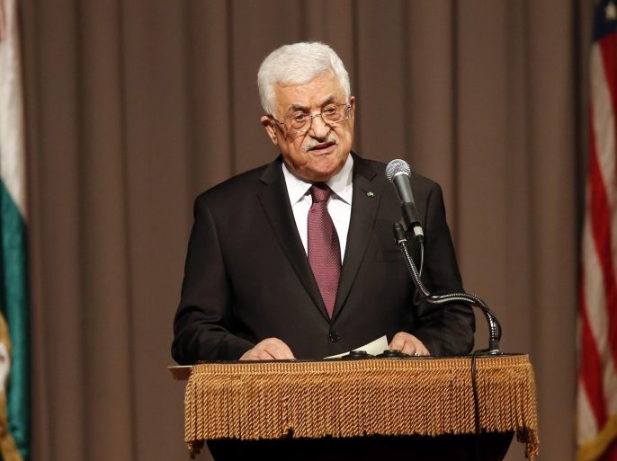 Palestinian President Mahmoud Abbas delivers a speech at Cooper Union, Monday, Sept. 22, 2014, in New York. (AP Photo/Jason DeCrow)
