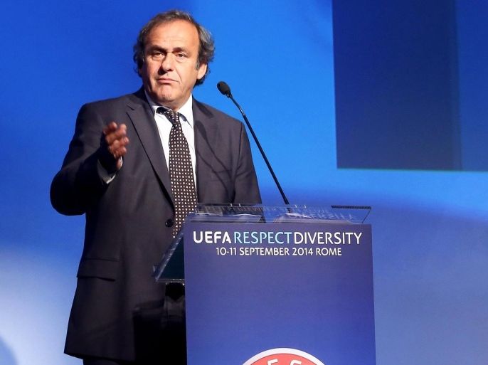 UEFA President Michel Platini speaks during the UEFA meeting 'Respect Diversity 2014' in Rome, Italy, 10 September 2014. The conference was organized by the Union of European Football Associations (UEFA) to combat racism in soccer.