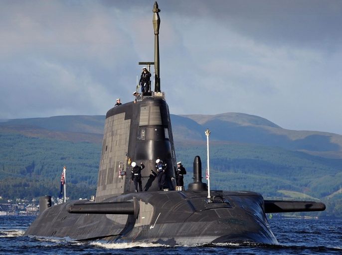 A handout photograph released by the British Ministry of Defence on 19 September 2012 showing the British Royal Navy's Astute Class attack submarine, HMS Ambush, the second of the Royal Navy s new Astute Class attack submarines, sailing into Her Majesty s Naval Base Clyde, Faslane, Scotland, to begin sea trials on 19 September 2012. The 7,400 tonne submarine sailed from the shipyard in Barrow-in-Furness in Cumbria, where she was built, to HMNB Clyde in Scotland. The seven Astute Class boats planned for the Royal Navy are the most advanced and powerful attack submarines Britain has ever sent to sea. EPA/LA(Phot) STU HILL / BRITISH MINISTRY OF DEFENCE / HANDOUT MANDATORY CREDIT: CROWN COPYRIGHT.