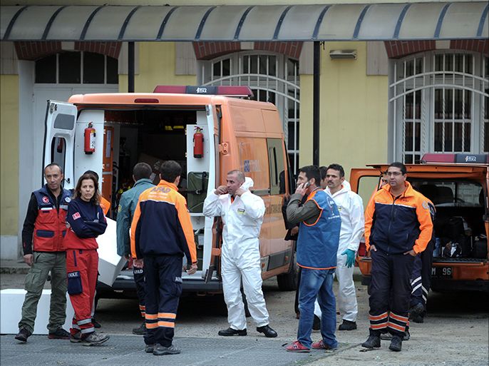 Chemical and biological experts prepare to intervene on October 24,2014 at the French Consulate in Istanbul. Suspicious envelopes containing a yellow powder were sent on October 24 to the Belgian, Canadian and German consulates in Istanbul, prompting a security alert. There was no immediate claim of responsibility but the incident came amid mounting concerns about the growing national security threat posed by jihadists returning from war-ravaged Syria and Iraq.