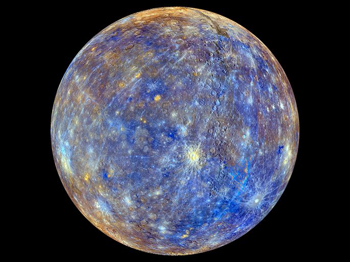 epa03595858 A handout image made available by Johns Hopkins University Applied Physics Laboratory/Carnegie Institution of Washington through NASA on 22 February 2013 shows a view of Mercury that was produced by using images from the color base map imaging campaign during the robotic NASA spacecraft 'MESSENGER's primary mission. NASA said these colors were not what Mercury would look like to the human eye, but rather the colors enhance the chemical, mineralogical, and physical differences between the rocks that make up Mercury's surface. EPA/Johns Hopkins University/Carnegie Institute/HANDOUT HANDOUT EDITORIAL USE ONLY