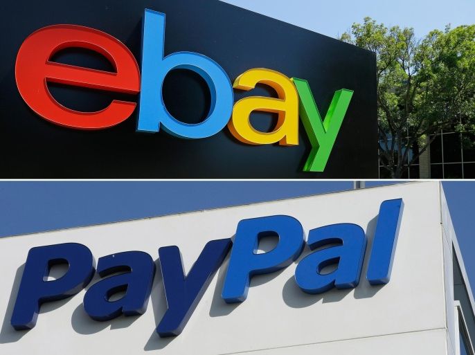 This combo made from file photos shows the eBay, top, and PayPal logos at their headquarters buildings in San Jose, Calif. The mobile payment service PayPal is splitting from eBay and will become a separate and publicly traded company in 2015, eBay announced Tuesday, Sept. 30, 2014. (AP Photo)