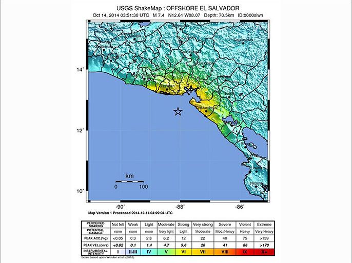 A handout shakemap released by the US Geological Survey (USGS) on 14 October 2014 shows the area off the coast of El Salvador where a 7.4 magnitude struck at a depth of 70.5 km on 14 October 2014. The Pacific Tsunami Warning Center issued a threat warning saying that hazardous Tsunami waves are possible for coasts located within 300 km of the earthquake epicenter. EPA/USGS HANDOUT EDITORIAL USE ONLY