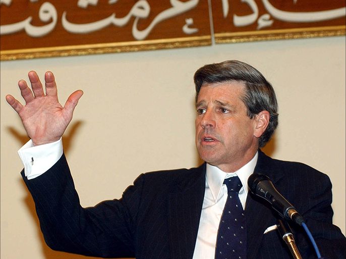Paul Bremer, the new US civil administrator in Iraq, addresses the press for the first time in Baghdad, Thursday, 15 May 2003. He said his top priorities are to increase security for the civilian population and to eradicate top Baathest party member