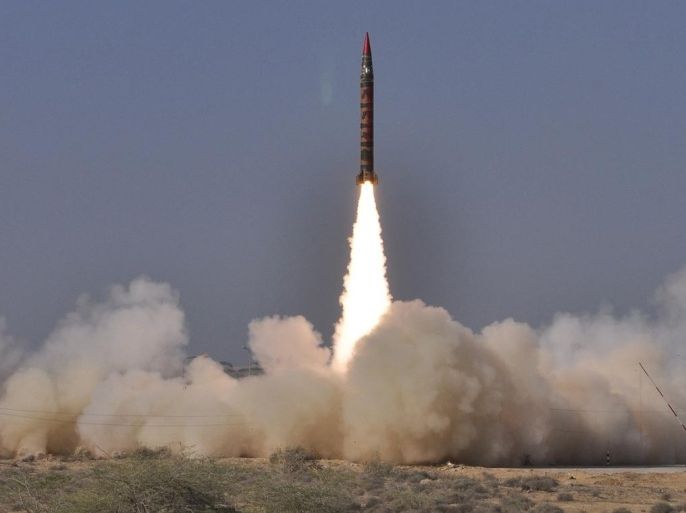PAKISTAN, UNDISCLOSED LOCATION - NOVEMBER 17: A photo released by Pakistan army, on November 17, 2014, shows Pakistan army test-fires Shaheen 1A or Hatf IV ballistic missile, a nuclear capable ballistic missile with a range of 900 kilometres, days after testing a similar missile capable of hitting targets as far as 1,500 kilometres, bringing many Indian cities under its range.
