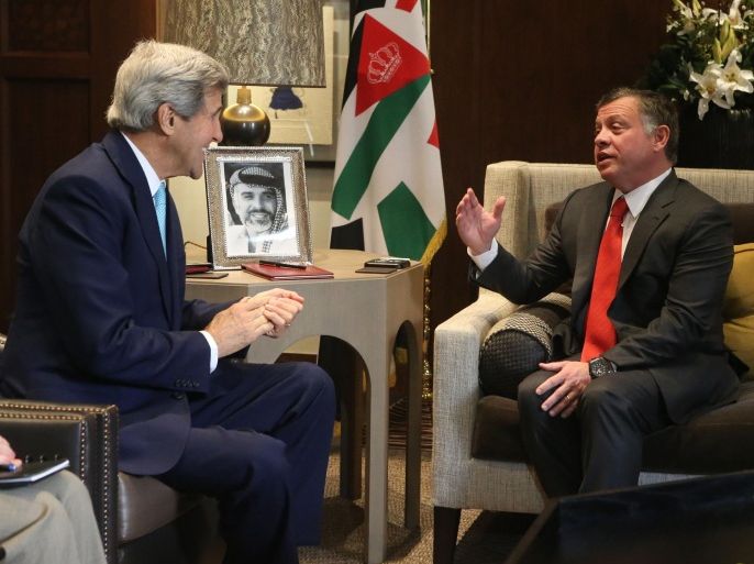 AMMAN, JORDAN- NOVEMBER 13: King Abdullah II of Jordan meets with US Secretary of State John Kerry at Al Husaineya Palace on November 13, 2014 in Amman, Jordan. The recent wave of violience in Jerusalem and the U.S-led campaign against ISIL militants are expected to be discussed.