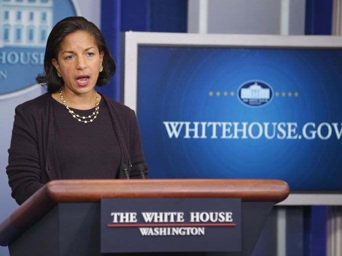 WASHINGTON, DC - NOVEMBER 07: White House National Security Advisor Susan Rice talks to reporters about President Barack Obama's upcoming trip to Asia in the Brady Press Briefing Room at the White House November 7, 2014 in Washington, DC. Obama will travel to China, Myanmar and Australia next week during a six-day trip to attend a series of meetings with foreign leaders.