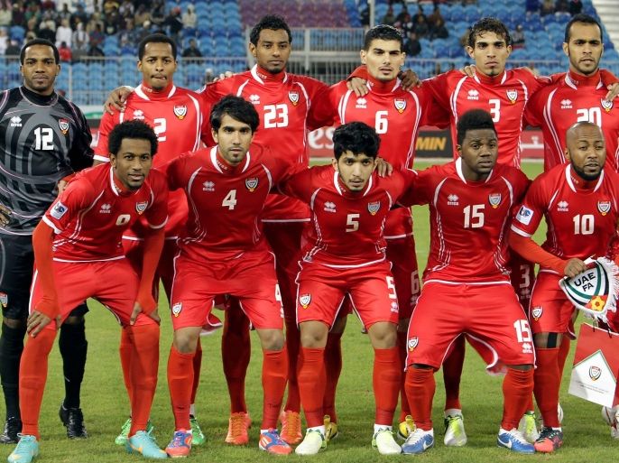 UAE's national football team players pose for a group picture before their 21st Gulf Cup football match against Oman in the Bahraini capital Manama on January 11, 2013.