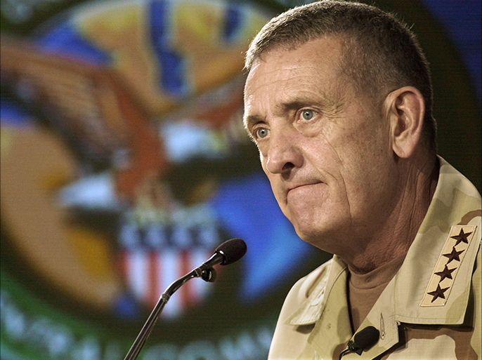 DOHA, QATAR - MARCH 24: (CANADA OUT) U.S. General Tommy Franks listens to a question during a briefing at the Coalition Media Center in Camp As Sayliyah March 24, 2003 in Doha, Qatar. Franks briefed the media on the advance of the coalition troops and situation with the U.S. hostages.