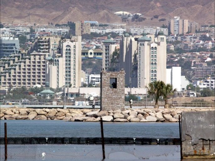 A Jordanian palace guard mans a security tower in the port area of the Royal palace in Aqaba June 3, 2003 ahead of the Middle East summit to be held there tomorrow.