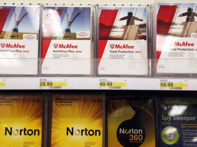 COLMA, CA - AUGUST 19: Boxes of McAfee security software are displayed alongside Norton Anti-virus software by Symantec on a shelf at a Target store August 19, 2010 in Colma, California. Intel announed today that it plans to buy security software maker McAfee for a reported $7.68 billion.