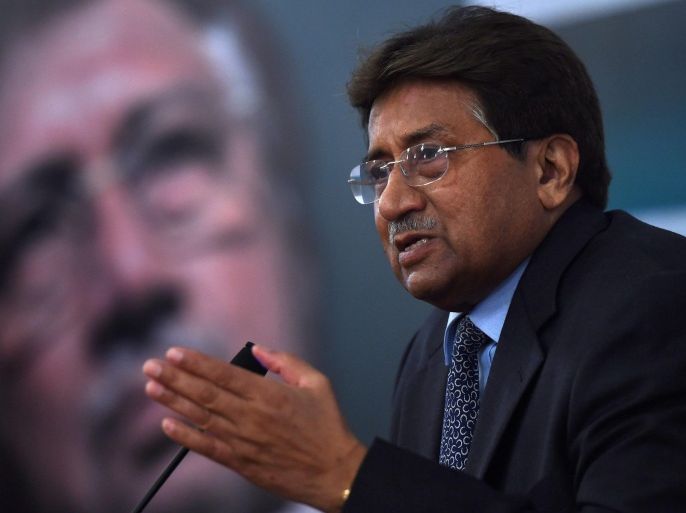 Former Pakistani president and military ruler, Pervez Musharraf addresses a youth parliament in Karachi on December 4, 2014. Musharraf gave a historical account of militancy in the country during his address. AFP PHOTO/ Asif HASSAN