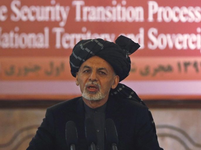 Afghanistan's President Ashraf Ghani speaks during a event in Kabul January 1, 2015. Afghanistan assumed full responsibility for security from departing foreign combat troops on Thursday, a day after Afghan army mortar shells killed at least 20 civilians attending a wedding party in volatile southern Helmand province. REUTERS/Omar Sobhani (AFGHANISTAN - Tags: POLITICS)