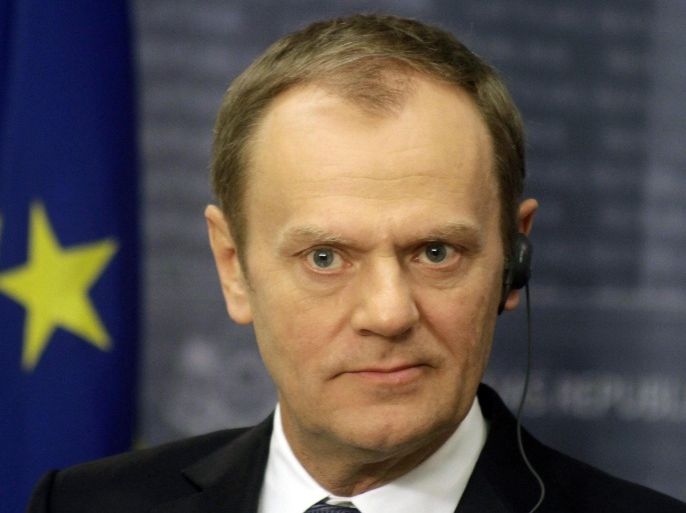 President of the European Council Donald Tusk during a press conference with Latvian Prime Minister Laimdota Straujuma (not seen) after meeting in Riga, Latvia, 09 January 2015. Tusk attended the Latvian EU Presidency Opening Ceremony.