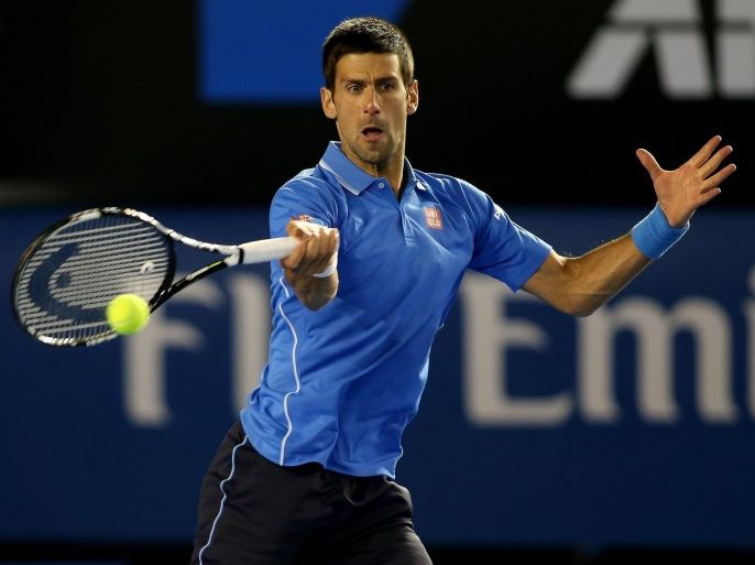 MELBOURNE, AUSTRALIA - JANUARY 26: Novak Djokovic of Serbia during his match against Gilles Muller of Luxembourg on Rod Laver Arena during day eight of the 2015 Australian Open at Melbourne Park on January 26, 2015 in Melbourne, Australia.