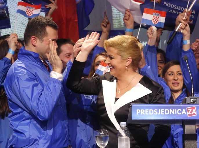 Kolinda Grabar Kitarovic (R) celebrates her victory against Ivo Josipovic in the Presidential elections in Zagreb, Croatia, 11 January 2015. Kolinda Grabar-Kitarovic defeated incumbent Social Democrat Ivo Josipovic in a run-off vote to become the first female president in Croatia since its independence and the first conservative in the office in 15 years.