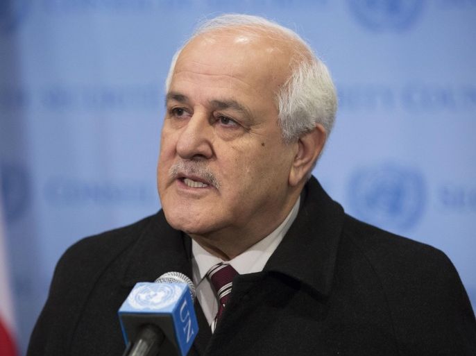 NEW YORK, NY JANUARY 02: In this United Nations handout, H.E. Mr. Riyad H. Mansour, Permanent Observer of the State of Palestine to the United Nations, addresses the media prior to his meeting with the Assistant Secretary-General for Legal Affairs, Mr. Stephen Mathias, to transmit copies of instruments of accession of the State of Palestine, issued by H.E. Mahmoud Abbas, President of the State of Palestine on January 2, 2015 in New York City.