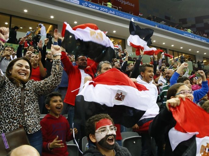 Fans of Egypt cheer on their team during the Qatar 2015 24th Men's Handball World Championship match between Sweden and Egypt at the Ali Bin Hamad Al Attiya Arena in Al Sadd, Doha, Qatar 22 January 2015. Qatar 2015 via epa/Nic Bothma Editorial Use Only/No Commercial Sales