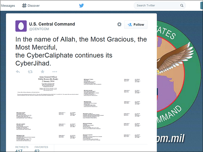 ‪مؤيدون لتنظيم الدولة الإسلامية اخترقوا حساب تويتر التابع للقيادة المركزية الأميركية‬ (وكالات)