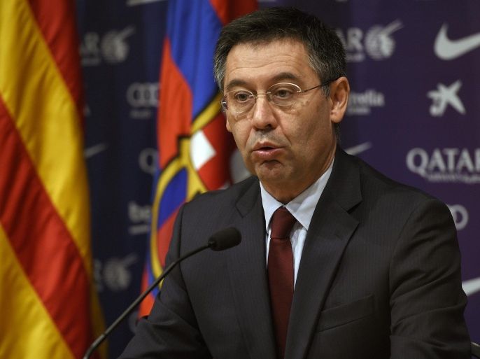 Barcelona's President Josep Maria Bartomeu gives a press conference at the Camp Nou stadium in Barcelona on January 7, 2015. Bartomeu has called club elections for the end of the season in a bid to 'ease the tension' surrounding the embattled Catalan club. AFP PHOTO/ LLUIS GENE