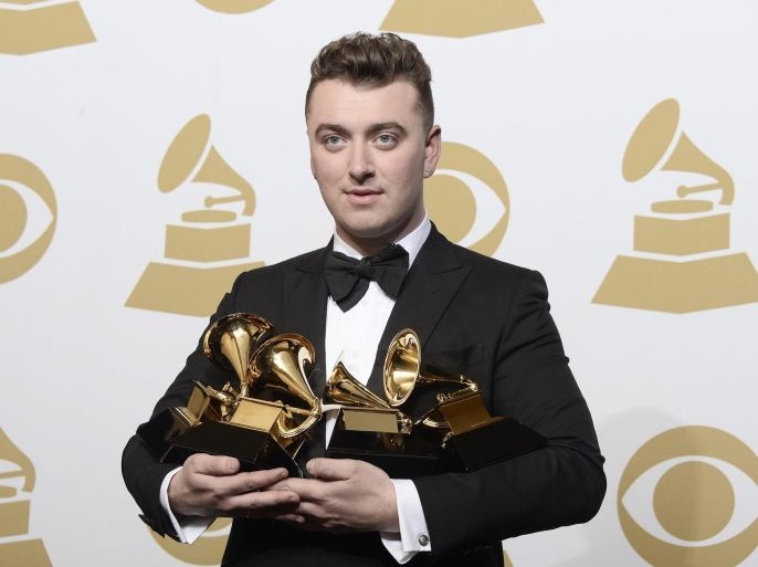 Sam Smith holds the awards for 'Best New Artist, Best Pop Vocal Album, Song of the Year and Record of the Year' at the 57th annual Grammy Awards held at the Staples Center in Los Angeles, California, USA, 08 February 2015.