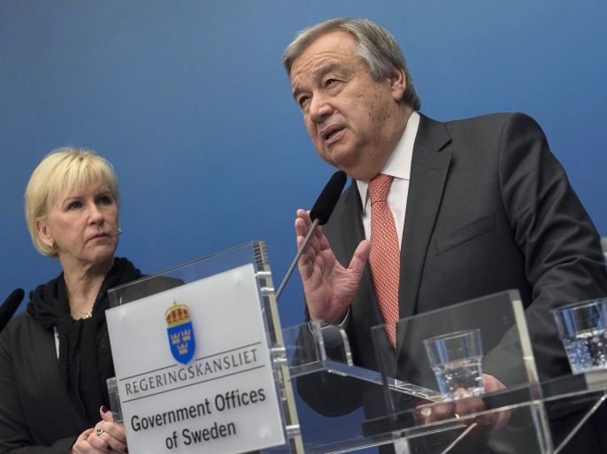 UN High Commissioner for Refugees (UNHCR) Antonio Guterres (R) and Sweden's Foreign Minister Margot Wallstrom hold a news conference at the Swedish government headquarters Rosenbad in Stockholm, Sweden, 03 February 2015. Guterres is in Stockholm for a two-day visit to discuss the migration situation in the world, especially in Syria, and Sweden's support for UNHCR. EPA/JONAS EKSTROMER SWEDEN OUT