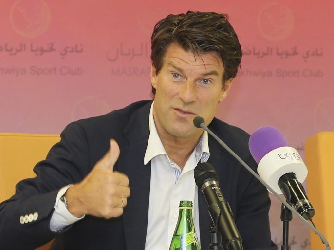 Lekhwiya's new soccer head coach Michael Laudrup gestures during a news conference in Doha July 2, 2014. REUTERS/Mohammed Dabbous (QATAR - Tags: SPORT SOCCER)