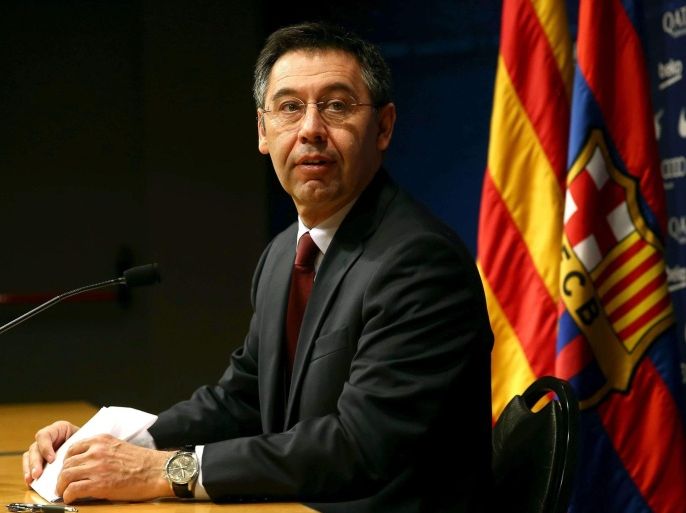 File pictured dated last 07 January 2015 that shows FC Barclona's president Josep Maria Bartomeu during a press conference held in Barcelona, Catalonia, Spain. The High Court's judge Pablo Ruz has imputed to Bartomeu in the ongoing tax fraud investigation involving the club's signing of Brazilian striker Neymar. Bartomeu must state upcoming 13 February.
