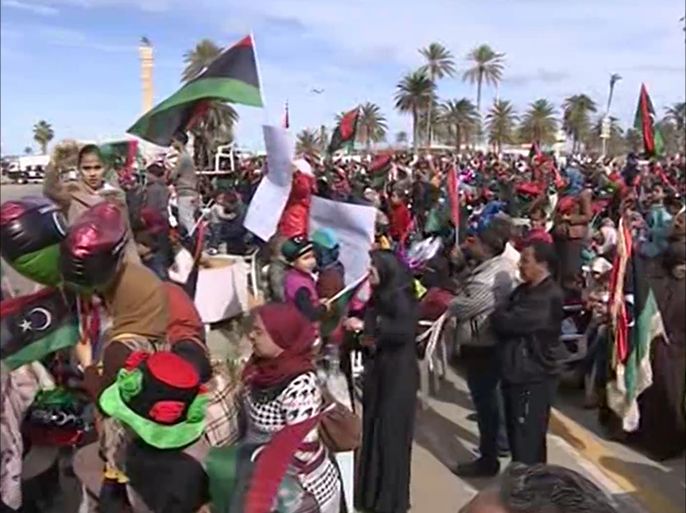 صورة للاحتفالات بالذكرى الرابعة للثورة الليبية في ميدان الشهداء بطرابلس العاصمة