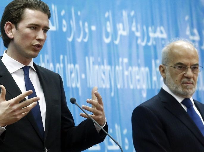 A handout picture provided by the Austrian Foreign Ministry shows Austrian Foreign Minister Sebastian Kurz (L) and Iraqi Foreign Minister Ibrahim al-Jaafari during a press conference in Bagdad, Iraq, 01 February 2015. Kurz is on an official visit to Iraq. EPA/DRAGAN TATIC/AUSTRIAN FOREIGN MINISTRY/HANDOUT HANDOUT EDITORIAL USE ONLY/NO SALES