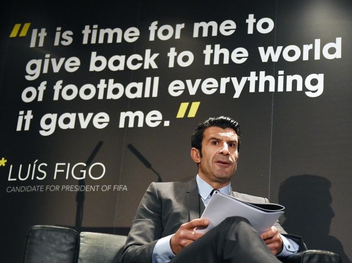 Former Real Madrid and Portugal soccer star Luis Figo unveils his FIFA election manifesto during a press conference at Wembley Stadium in London, Britain, 19 February 2015. Figo said on 19 February 2015, he will redirect half of Fifa's revenues into grass-roots soccer if he's elected as president of world soccer's governing body, FIFA. The election for FIFA president takes place on May 29.