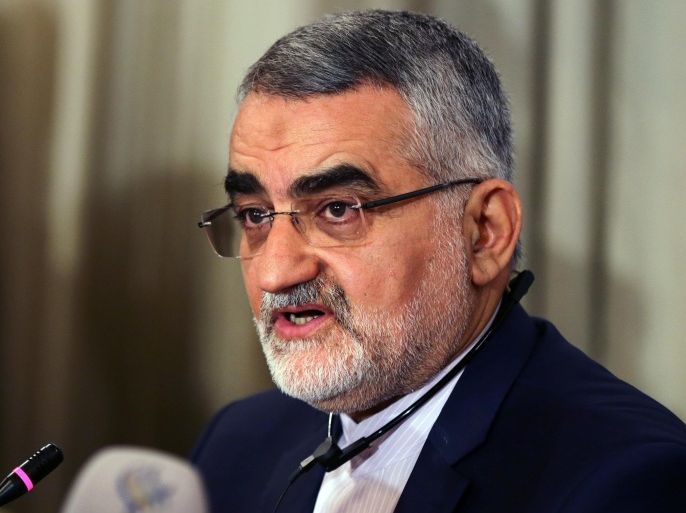 The Chairman of the Foreign Policy and National Security Committee at the Iranian Shura Council, Alaeddin Boroujerdi speaks during the meeting of parliament members, independent activists and civil organizations societies invited to observe the Syrian presidential election on June 4, 2014 in Damascus. Observers from countries allied to the regime -- North Korea, Brazil, Russia and Iran -- are in Damascus to monitor the vote with results expected to keep Bashar al-Assad as president. AFP PHOTO/LOUAI BESHARA