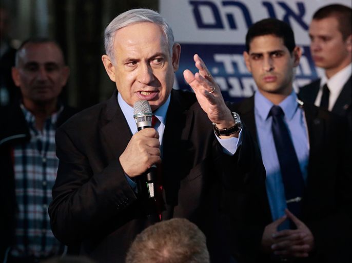 epa04660595 A picture made available on 13 March 2015 of Israeli Prime Minister Benjamin Netanyahu speaking to his Likud party faithful in a campaign stop in Netanya, north of Tel Aviv, Isarel, 11 March 2015. The latest and final polls of the election campaign puts Netanyahu's Likud party four seats behind the left-of-center Zionist Party headed by Isaac Herzog and Tzipi Livni, with Netanyahu giving interviews on Israeli television admitting his campaign has had faults just days before the nation votes on March 17. EPA