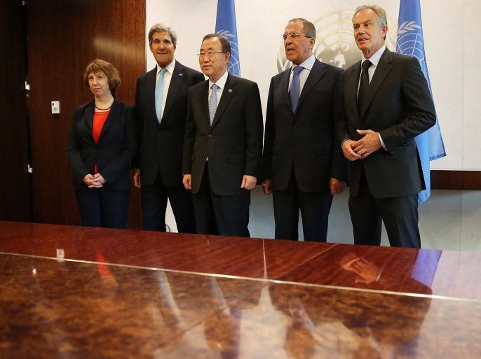 NEW YORK, NY - SEPTEMBER 27: Members of the Middle East Quartet (from left: Catherine Ashton, U.S. Secretary of State John Kerry, U.N. Secretary-General Ban Ki-moon, Russian Foreign Minister Sergei Lavrov, and former British Prime Minister Tony Blair) pose for the media before a meeting at the United Nations on September 27, 2013 in New York City. The Quartet on the Middle East was created to mediate the peace process in the Israeli-Palestinian conflict. The Quartet are the United Nations, the United States, the European Union, and Russia.